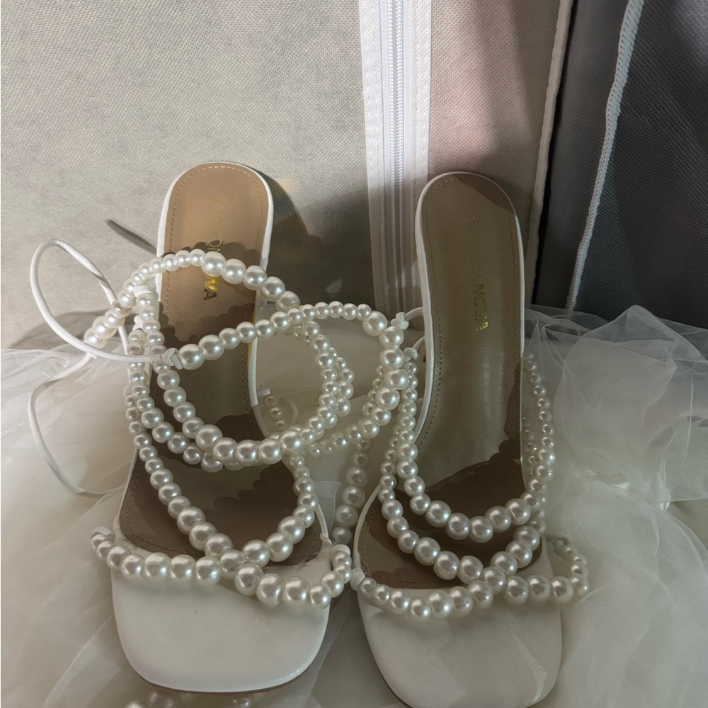 Fashion Nova White Pearl-Adorned Heels
